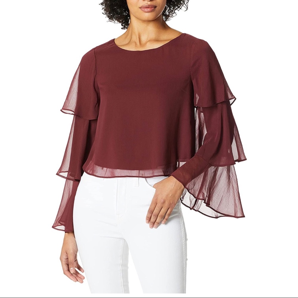NWT. BCBGeneration Tier Sleeve Blouse. Burgundy. Sz XXS.